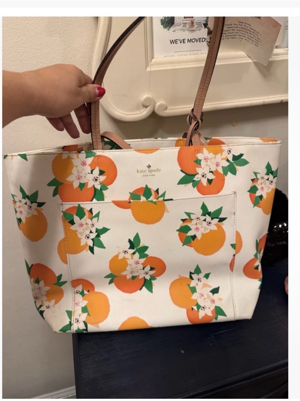 kate spade White Leather Tote with Orange Citrus Print and Green Leaves.